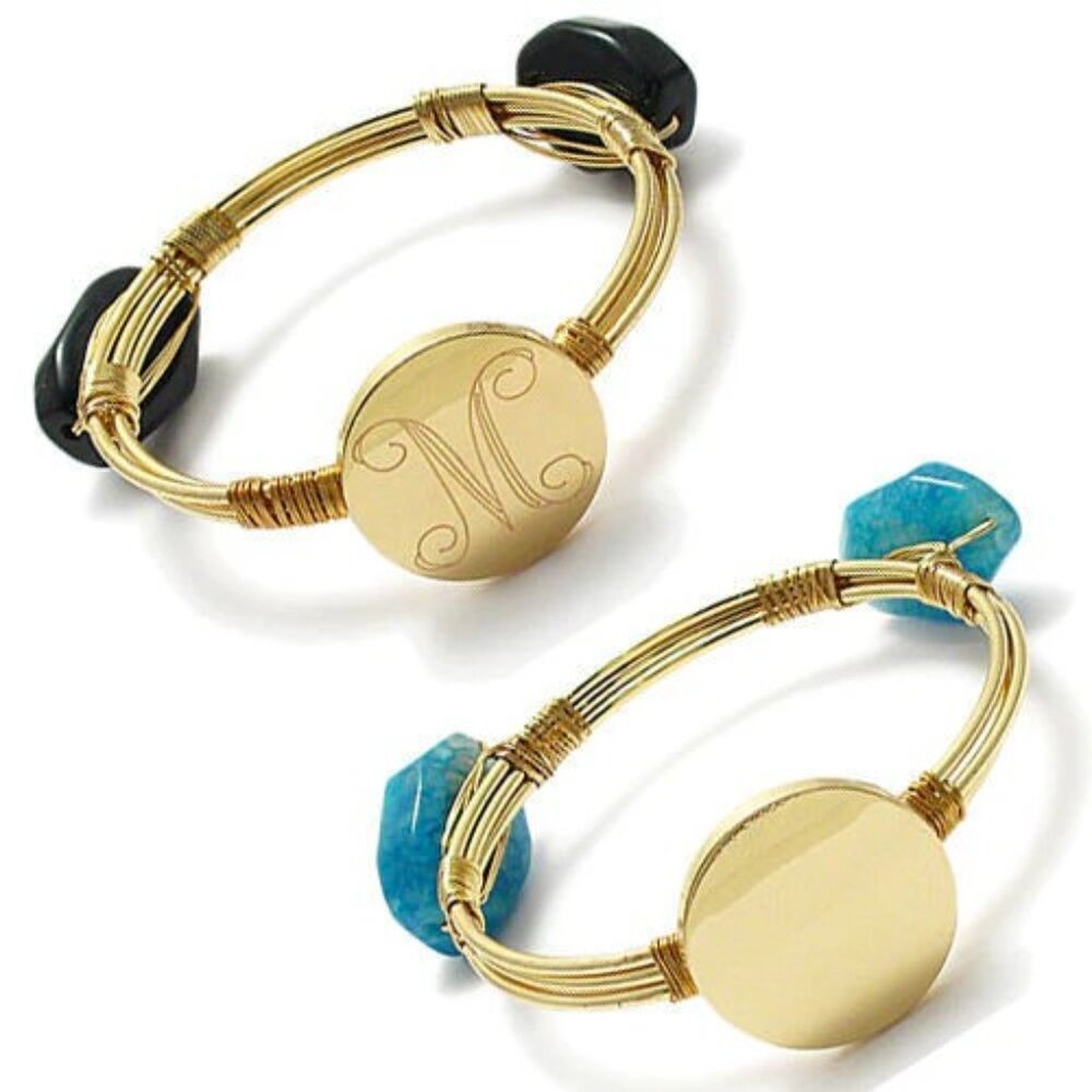 RADIANT ENGRAVABLE GOLD PLATED STONE BANGLE CUFF BRACELET - 7 INCH